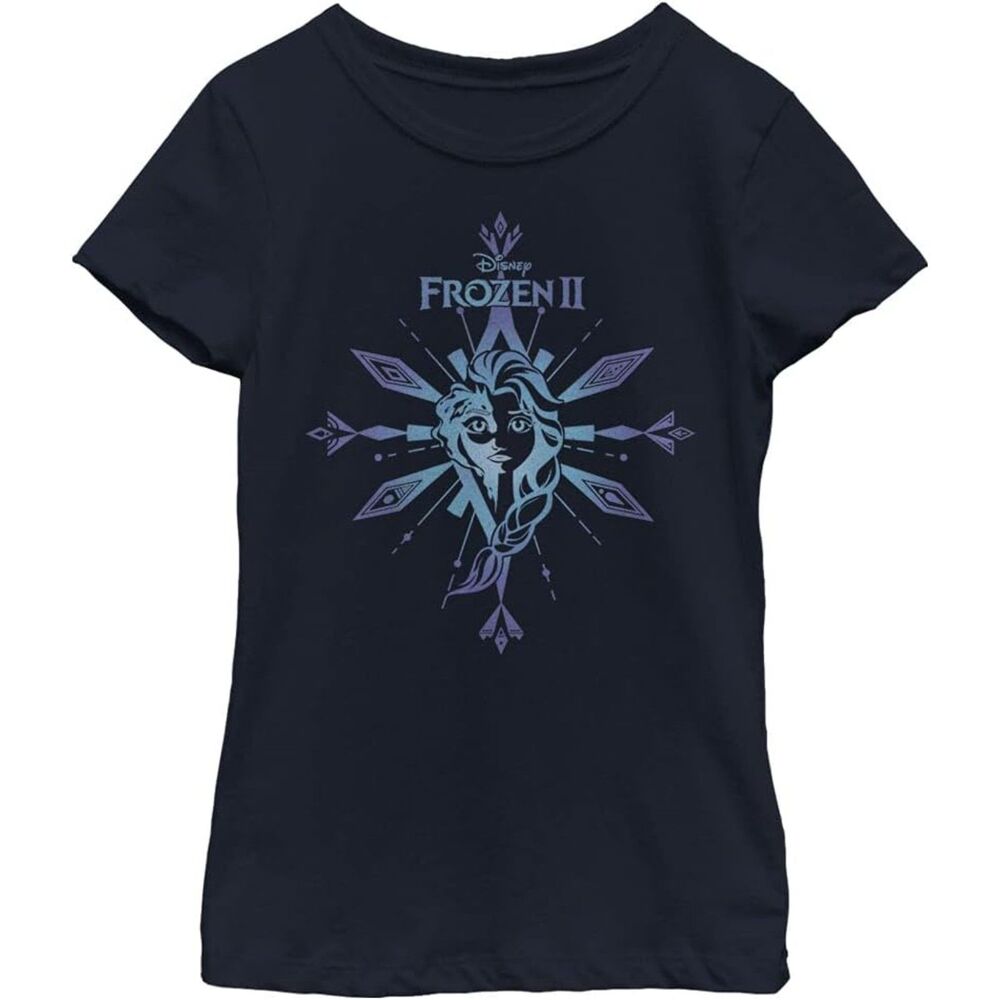 Disney Frozen 2 Elsa Element Tee for Girls, Navy Blue Crew Shirt, Size Large